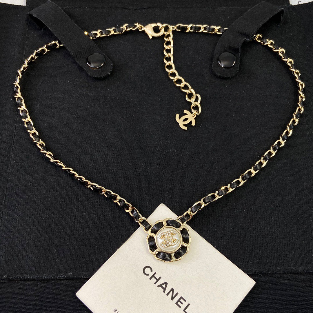 Chanel Black Leather Button Necklace Earrings